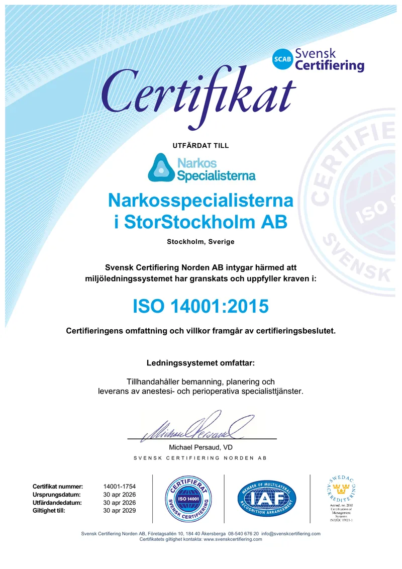Certifikat ISO 14001:2015 utfärdat till Narkosspecialisterna i StorStockholm AB