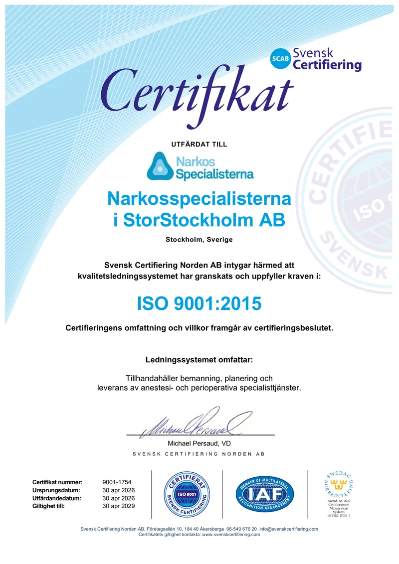 Certifikat ISO 9001:2015 utfärdat till Narkosspecialisterna i StorStockholm AB